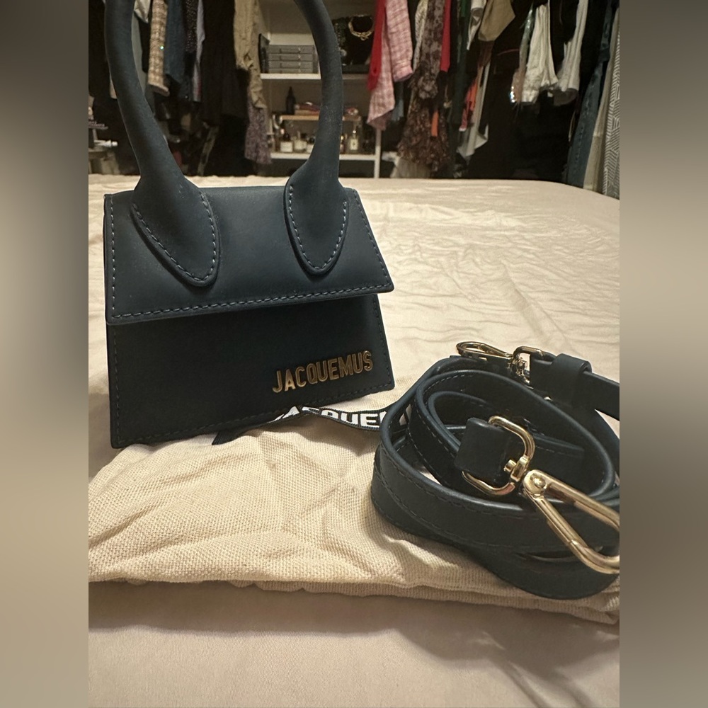 Jacquemus Le Chiquito Calfskin bag in navy comes with dusting and strap.